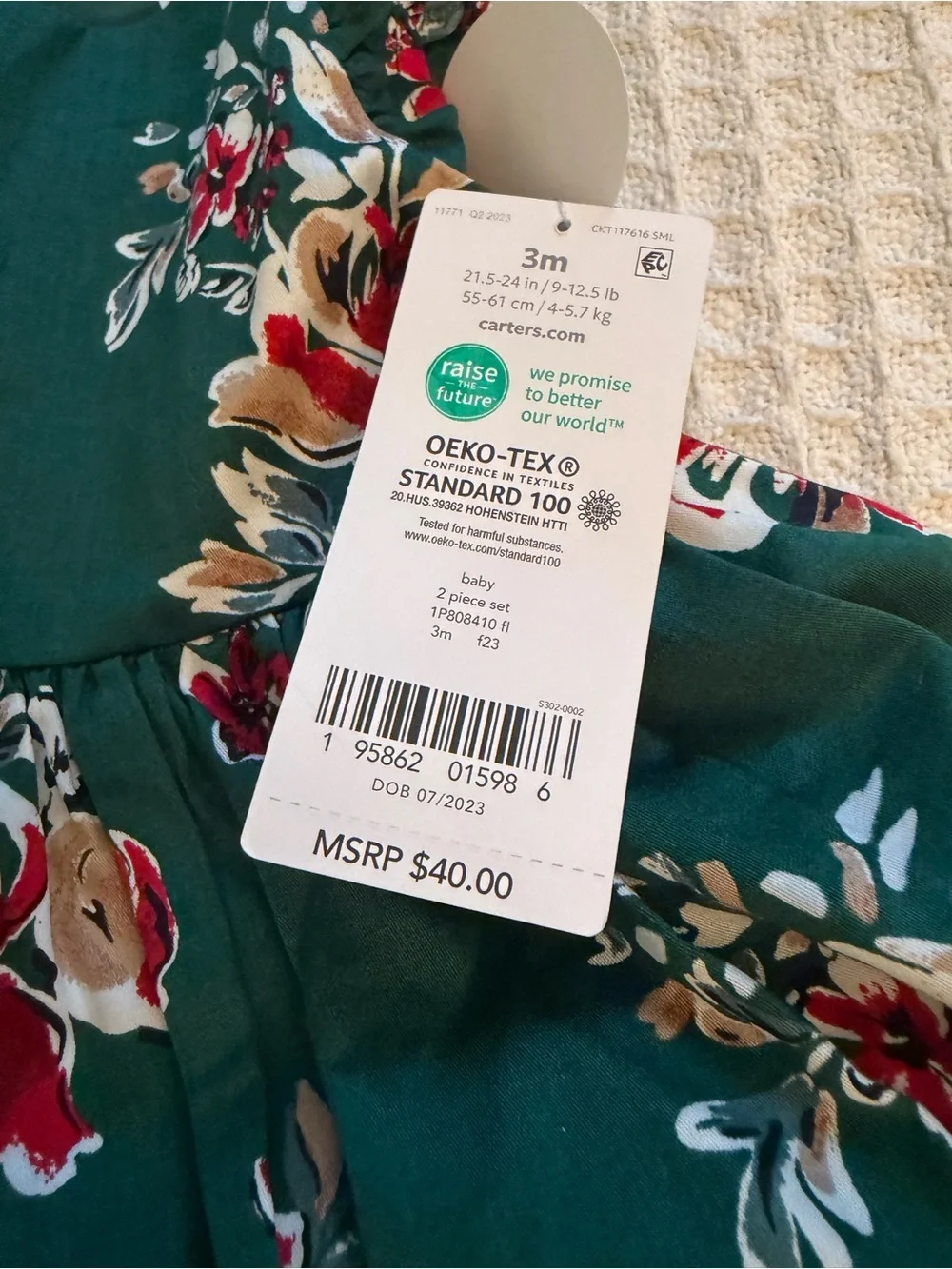 Carter's Girl’s Teal Floral Dress With Solid Matching Bottoms Size 3 Month NWT